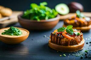 small sandwiches with vegetables and dip on a table. AI-Generated photo