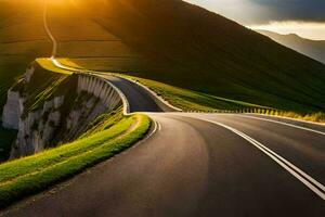 a winding road in the mountains with the sun setting. AI-Generated photo