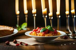spaghetti with tomato sauce and bread on a table. AI-Generated photo