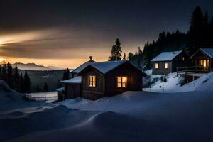 un cabina en el nieve a puesta de sol. generado por ai foto