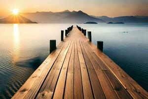 a wooden pier stretches out into the water at sunset. AI-Generated photo