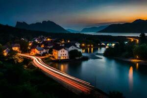 un pueblo y río a noche con luces en. generado por ai foto