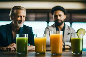 three men sitting at a table with glasses of juice. AI-Generated photo