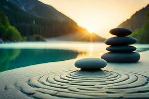 a stack of stones and a lake at sunset. AI-Generated photo