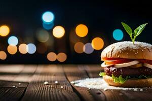 a hamburger with cheese and lettuce on a wooden table. AI-Generated photo