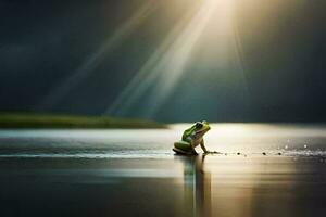 a frog sitting on the water with sunlight shining through the water. AI-Generated photo