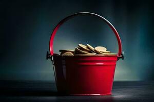 a red bucket filled with coins on a dark table. AI-Generated photo