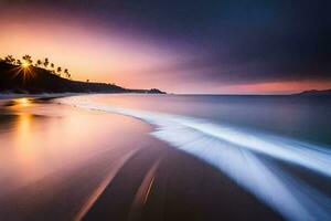 a long exposure photograph of the sunset on a beach. AI-Generated photo