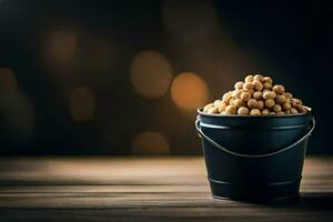 a bucket filled with soybeans on a wooden table. AI-Generated photo