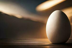 an egg sitting on a table in front of a blurry background. AI-Generated photo