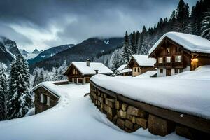 nieve cubierto casas en el montañas. generado por ai foto