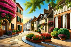 un ilustración de un calle en un pueblo con flores generado por ai foto
