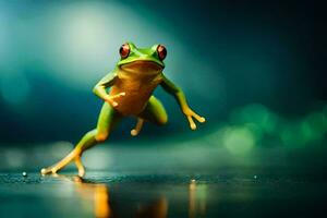 a frog jumping on the ground. AI-Generated photo