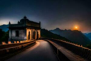 the sun sets over a bridge in the mountains. AI-Generated photo