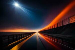 un largo exposición foto de un puente a noche. generado por ai