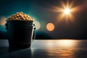 a bucket filled with peanuts on a table. AI-Generated photo