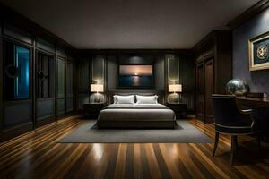 a bedroom with dark wood floors and a bed. AI-Generated photo