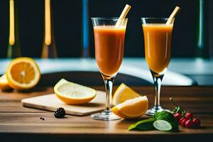 two glasses of orange juice with a straw and a slice of lemon. AI-Generated photo