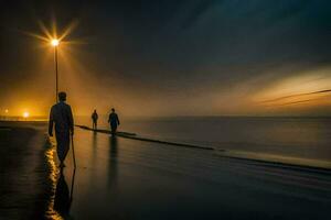 Tres personas caminando a lo largo el playa a noche. generado por ai foto