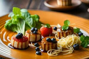 a plate with food on it, including strawberries, blueberries and pasta. AI-Generated photo