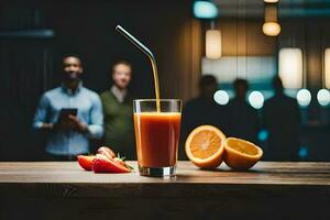a glass of juice with strawberries and oranges on a table. AI-Generated photo