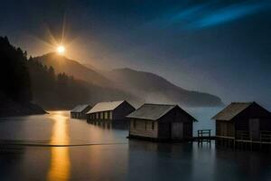 the sun rises over a lake and several wooden huts. AI-Generated photo