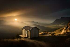 the sun rises over a small hut in the middle of a mountain. AI-Generated photo