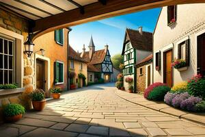 an old town street with a cobblestone path. AI-Generated photo