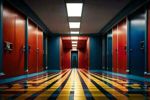 a hallway with colorful doors and a striped floor. AI-Generated photo