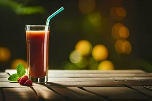 a glass of juice with berries on a wooden table. AI-Generated photo