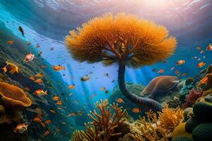 an underwater scene with an orange tree and coral. AI-Generated photo