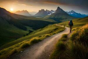 a man walks along a path in the mountains. AI-Generated photo