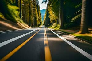 un borroso imagen de un la carretera en el bosque. generado por ai foto