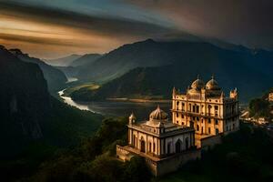 el puesta de sol terminado el palacio en India. generado por ai foto
