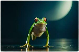 a frog is standing on a dark surface with a full moon in the background. AI-Generated photo