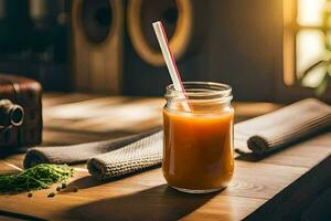 a glass of orange juice on a wooden table. AI-Generated photo