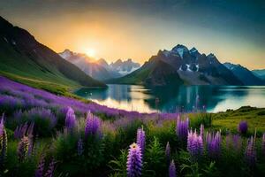 the sun rises over the mountains and the lupine flowers. AI-Generated photo