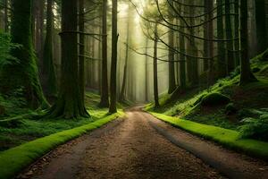 a dirt road in a green forest with trees and moss. AI-Generated photo