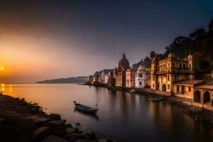 the sun sets over a lake and buildings in india. AI-Generated photo