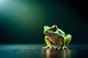 a frog is sitting on a dark surface. AI-Generated photo