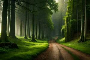 a dirt road in the middle of a green forest. AI-Generated photo