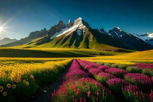 el Dom brilla en un campo de flores y montañas. generado por ai foto