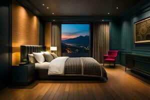 a bedroom with a view of the mountains at night. AI-Generated photo