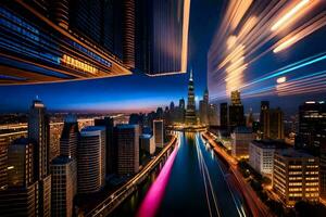 a long exposure photograph of the city skyline at night. AI-Generated photo