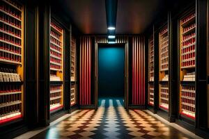 a long hallway with shelves of cigars. AI-Generated photo