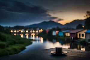 un taza de café se sienta en un mesa con vista a un río. generado por ai foto