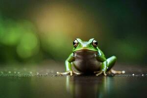 a frog sitting on the ground with water droplets on it. AI-Generated photo