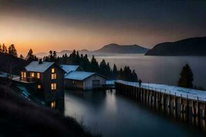 un casa se sienta en el apuntalar de un lago a puesta de sol. generado por ai foto