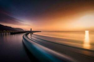 un largo exposición fotografía de un faro a puesta de sol. generado por ai foto