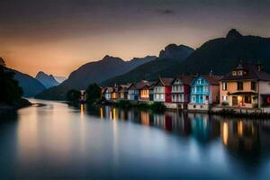 colorful houses along the river at sunset. AI-Generated photo